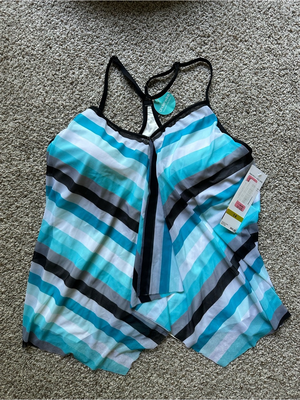 Beach House Turquoise, White & Black Striped Tankini Top